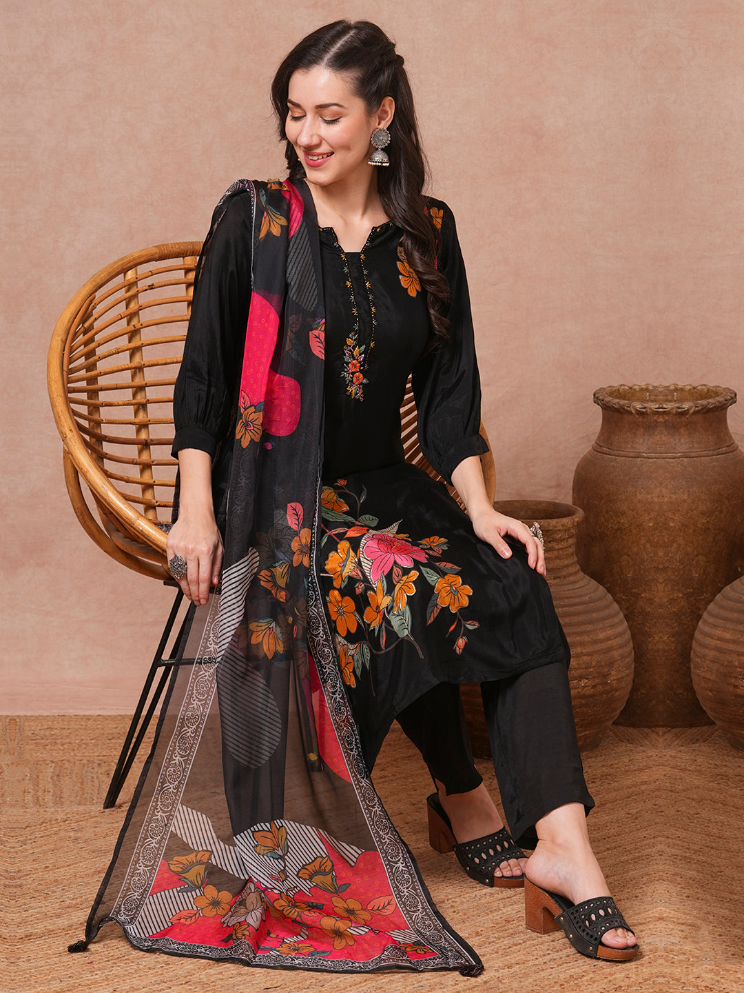 Floral Printed & Embroidered Straight Fit Kurta with Pant & Dupatta - Black