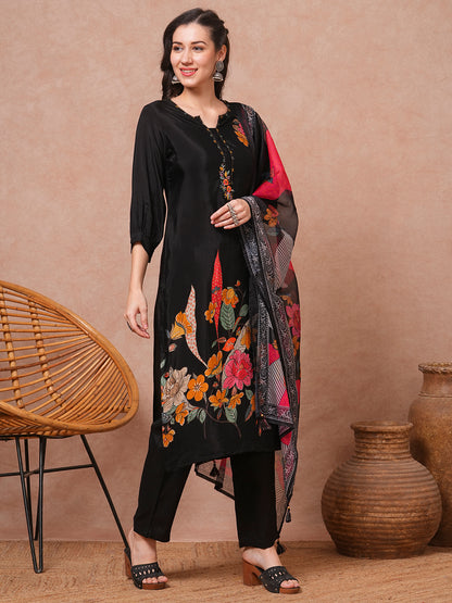 Floral Printed & Embroidered Straight Fit Kurta with Pant & Dupatta - Black