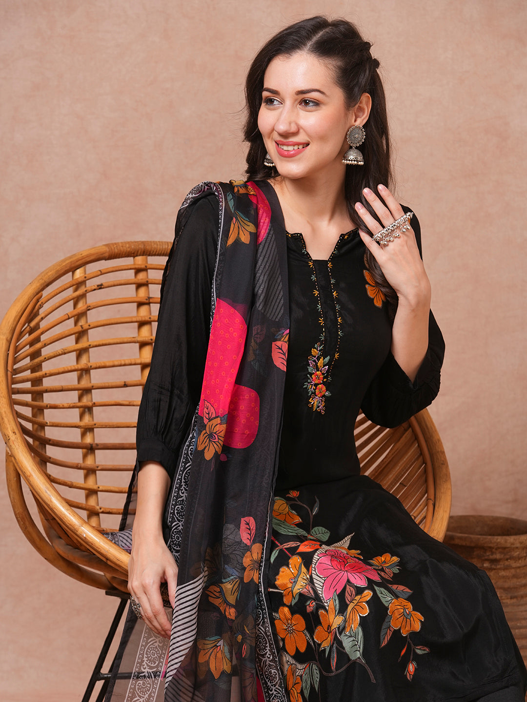 Floral Printed & Embroidered Straight Fit Kurta with Pant & Dupatta - Black