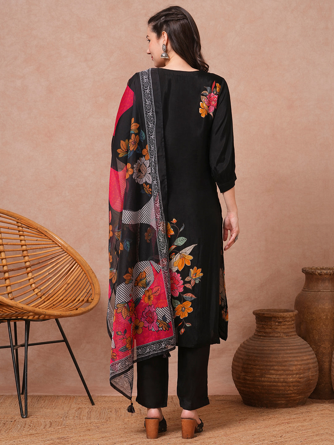 Floral Printed & Embroidered Straight Fit Kurta with Pant & Dupatta - Black