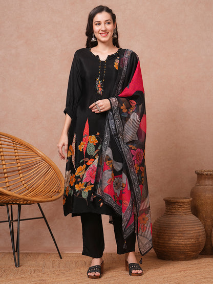 Floral Printed & Embroidered Straight Fit Kurta with Pant & Dupatta - Black