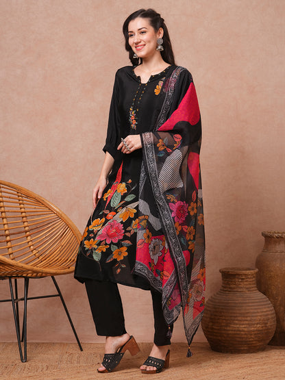 Floral Printed & Embroidered Straight Fit Kurta with Pant & Dupatta - Black