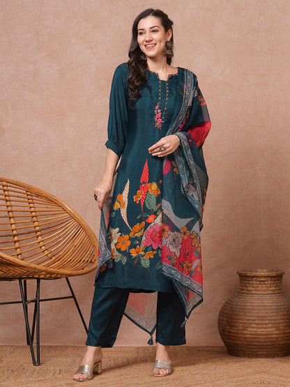 Floral Printed & Embroidered Straight Fit Kurta with Pant & Dupatta - Green