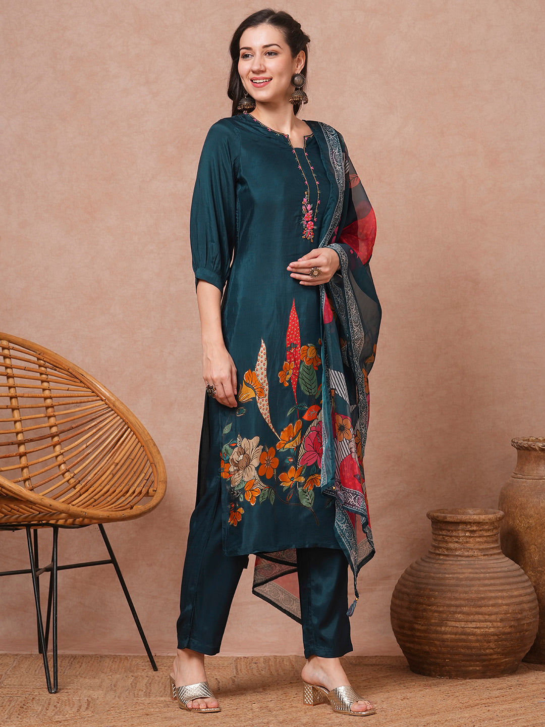 Floral Printed & Embroidered Straight Fit Kurta with Pant & Dupatta - Green