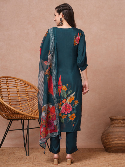 Floral Printed & Embroidered Straight Fit Kurta with Pant & Dupatta - Green