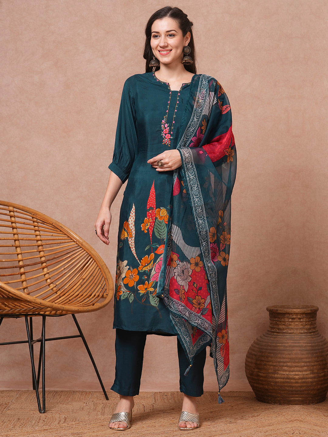 Floral Printed & Embroidered Straight Fit Kurta with Pant & Dupatta - Green