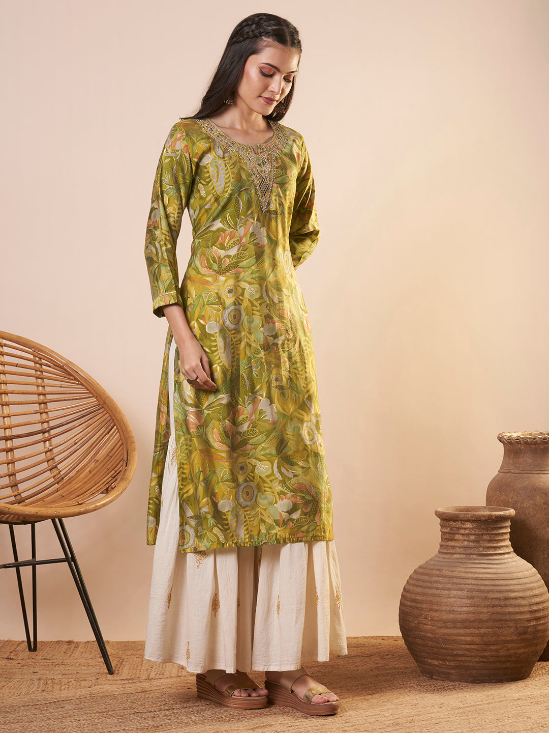 Abstract Floral Printed & Embroidered Straight Fit Kurta - Green
