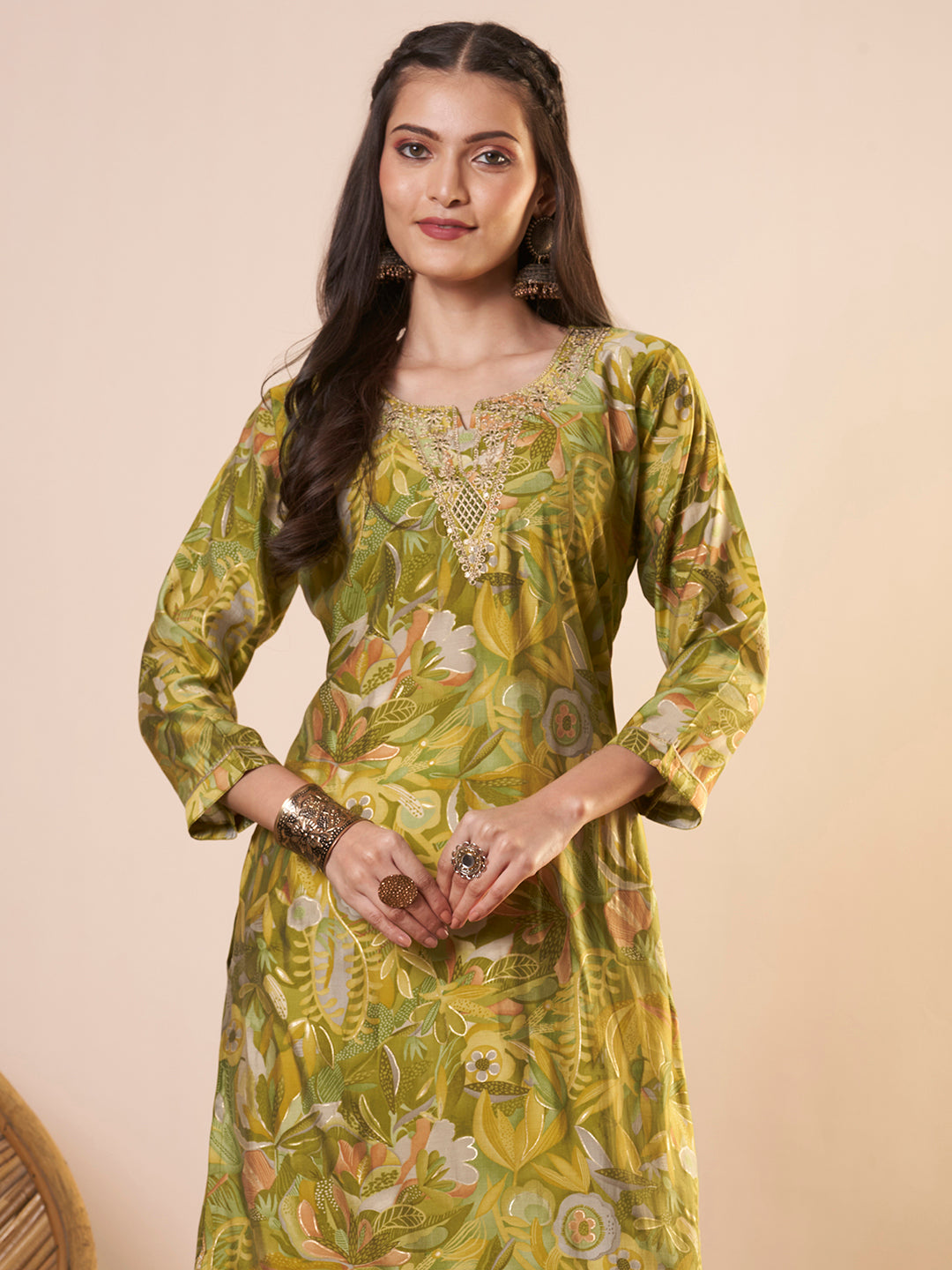 Abstract Floral Printed & Embroidered Straight Fit Kurta - Green
