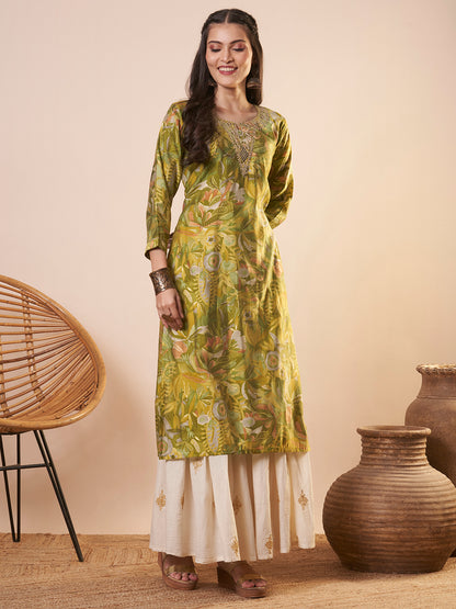 Abstract Floral Printed & Embroidered Straight Fit Kurta - Green