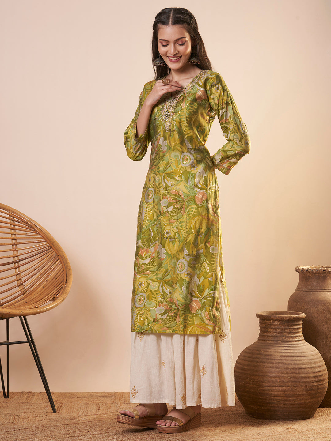Abstract Floral Printed & Embroidered Straight Fit Kurta - Green