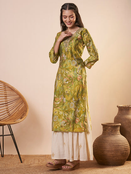 Abstract Floral Printed & Embroidered Straight Fit Kurta - Green