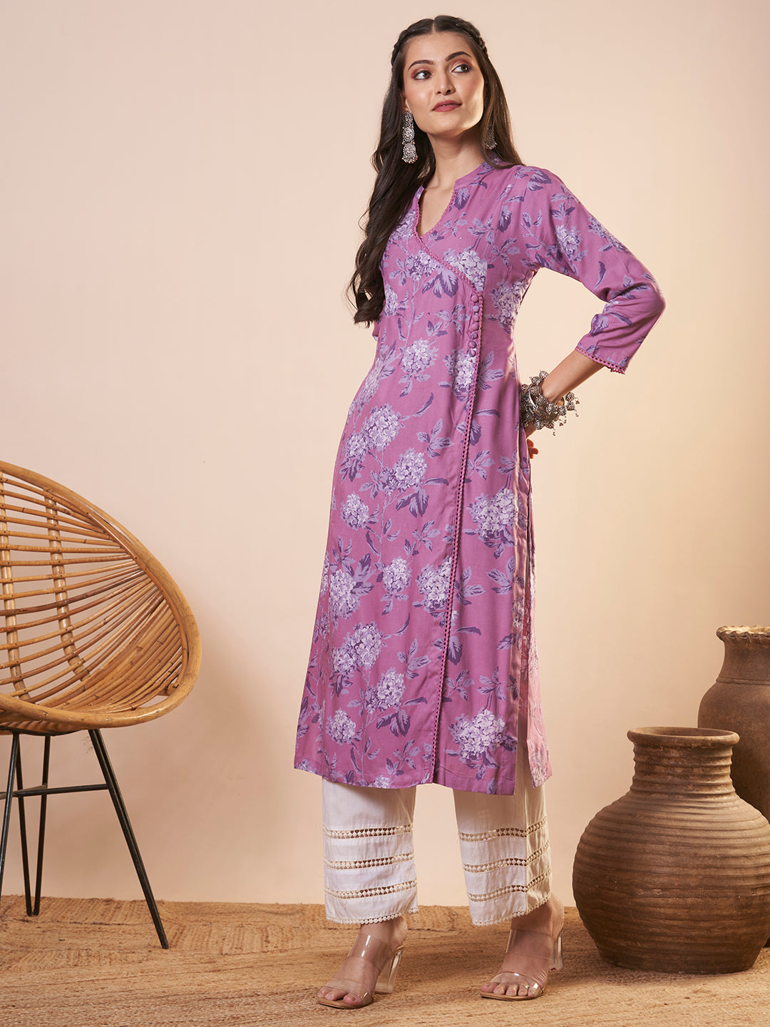 Abstract Floral Printed Straight Fit Kurta - Lavender