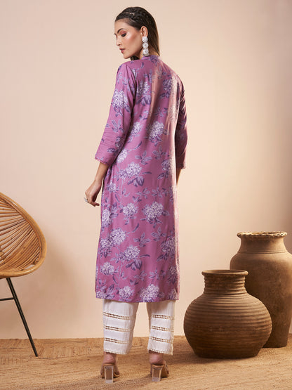 Abstract Floral Printed Straight Fit Kurta - Lavender