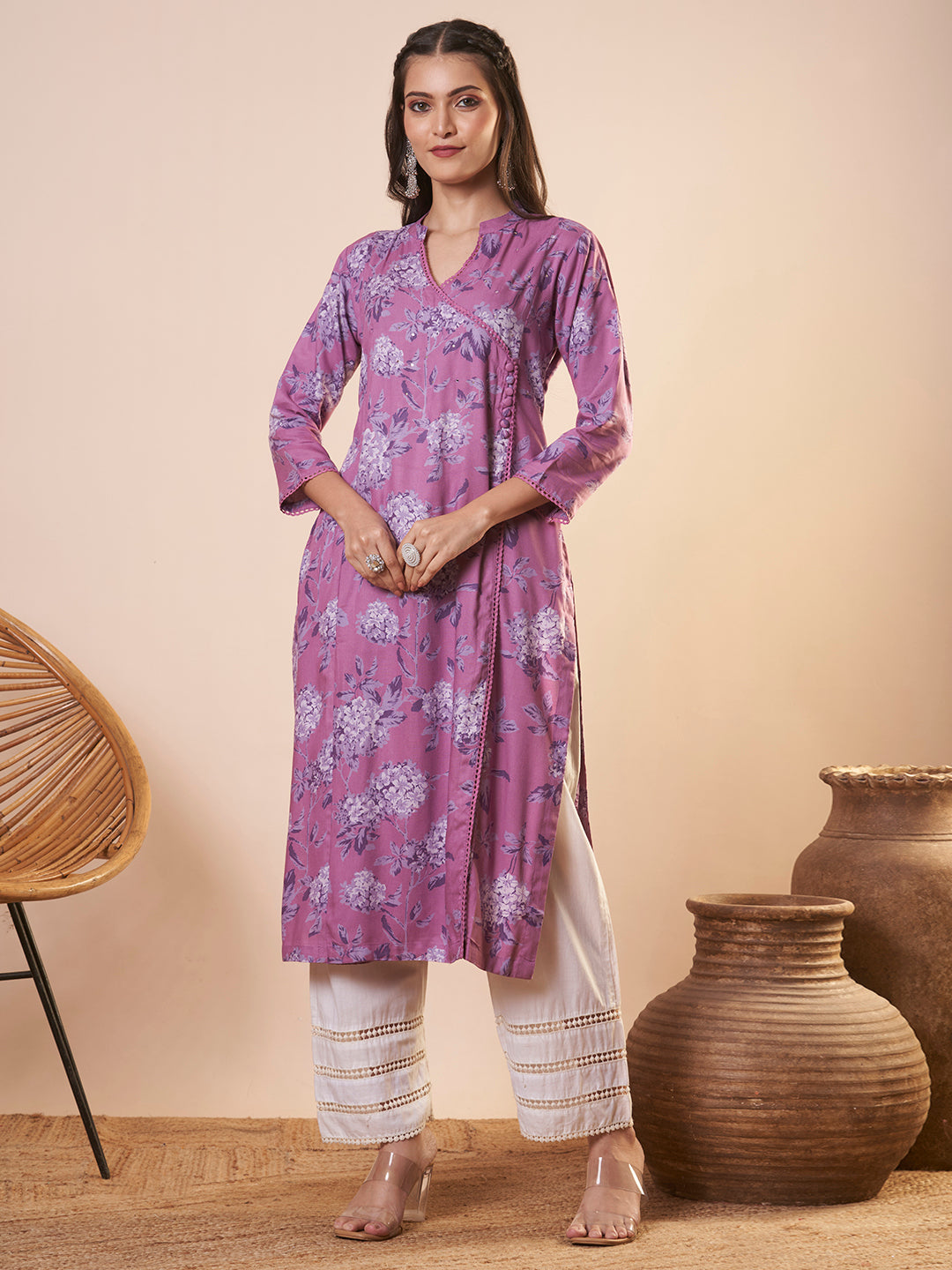 Abstract Floral Printed Straight Fit Kurta - Lavender