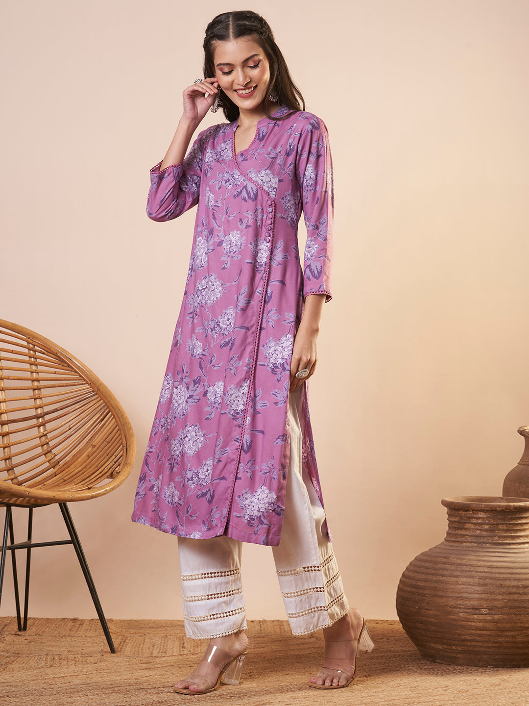 Abstract Floral Printed Straight Fit Kurta - Lavender