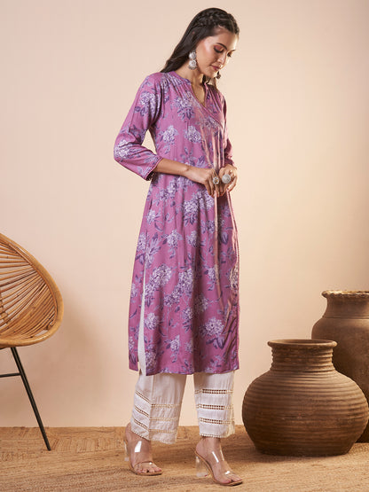 Abstract Floral Printed Straight Fit Kurta - Lavender