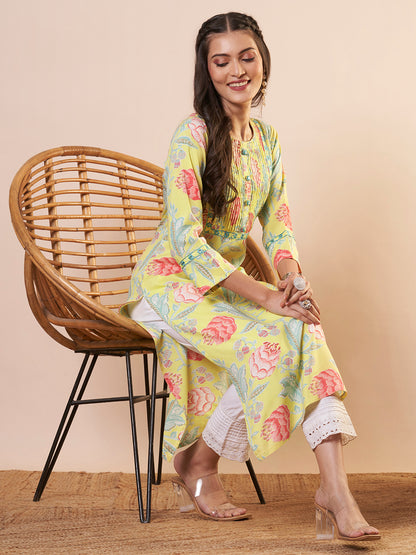 Abstract Floral Printed Straight Fit Kurta - Yellow