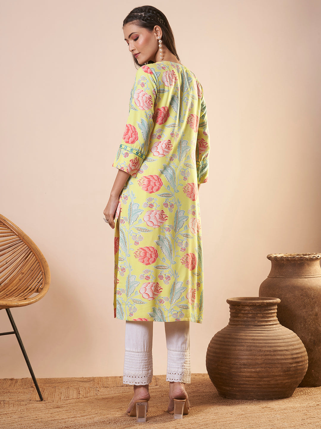 Abstract Floral Printed Straight Fit Kurta - Yellow