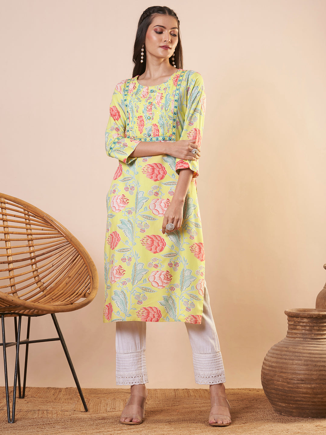 Abstract Floral Printed Straight Fit Kurta - Yellow