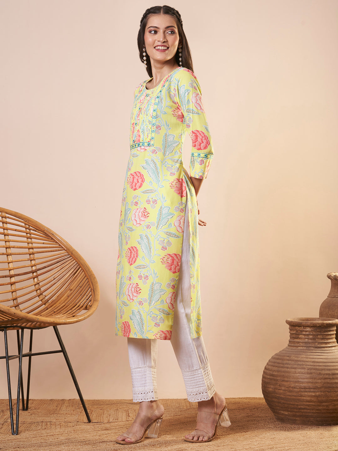 Abstract Floral Printed Straight Fit Kurta - Yellow