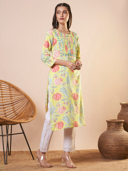 Abstract Floral Printed Straight Fit Kurta - Yellow