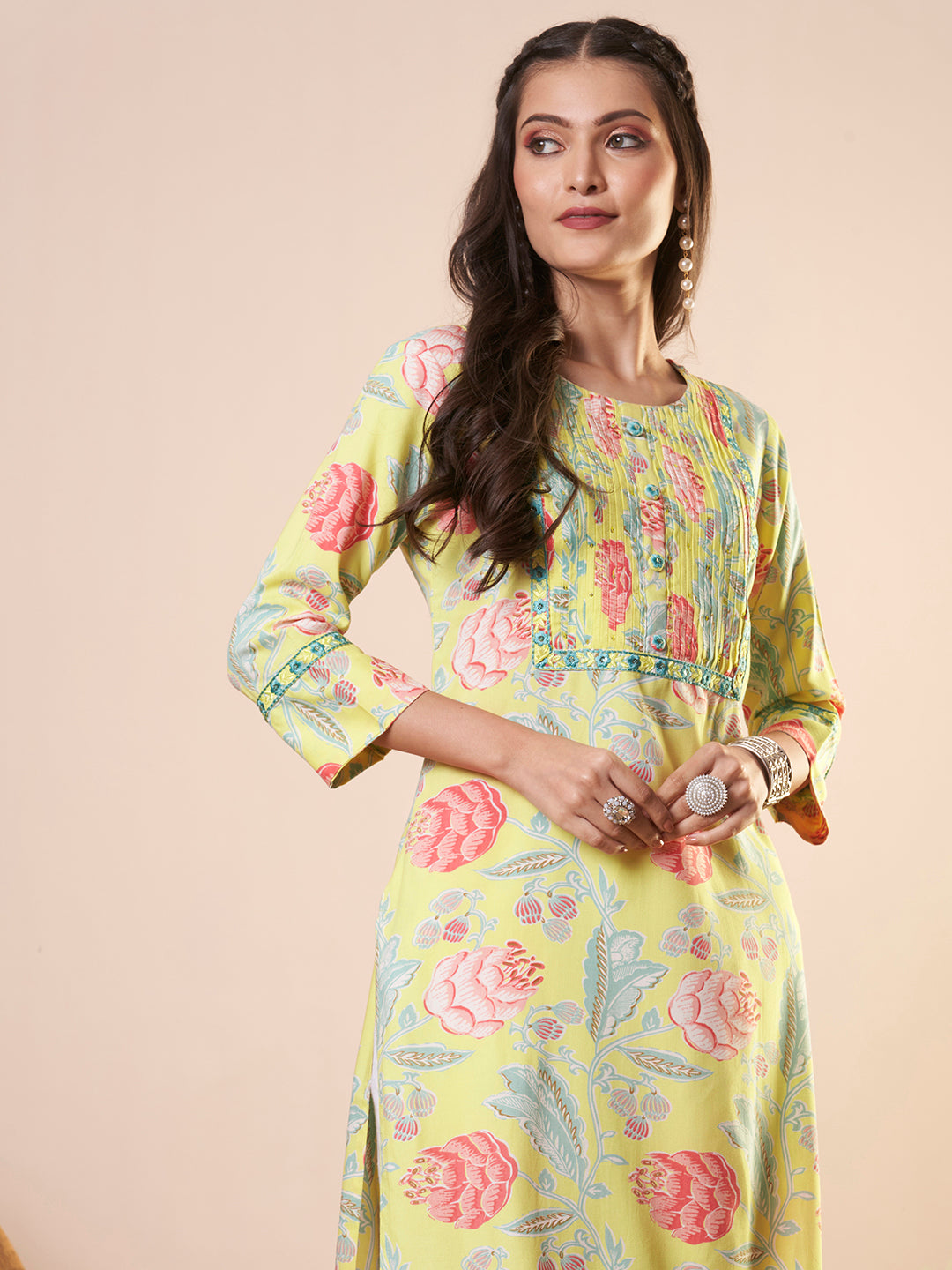 Abstract Floral Printed Straight Fit Kurta - Yellow