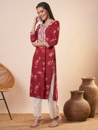 Floral Printed & Embroidered Straight Fit Kurta - Red