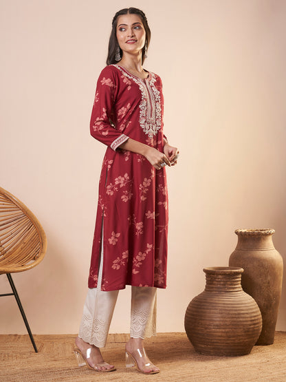 Floral Printed & Embroidered Straight Fit Kurta - Red