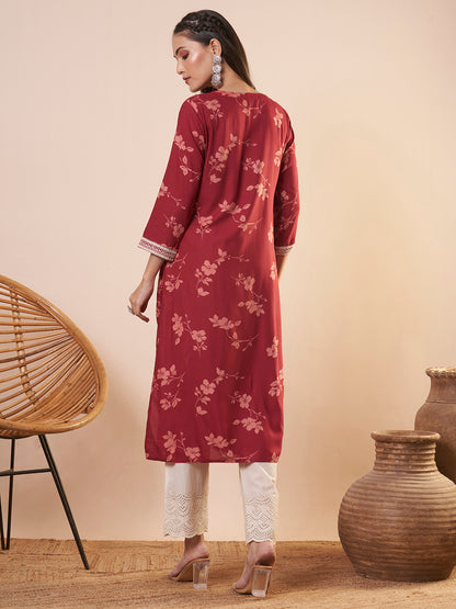 Floral Printed & Embroidered Straight Fit Kurta - Red