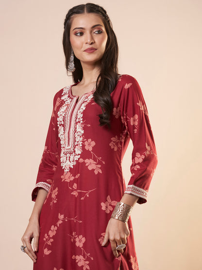 Floral Printed & Embroidered Straight Fit Kurta - Red