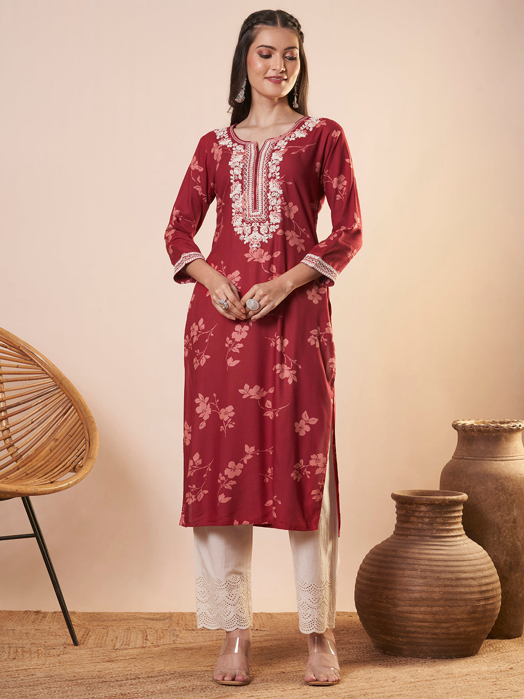 Floral Printed & Embroidered Straight Fit Kurta - Red