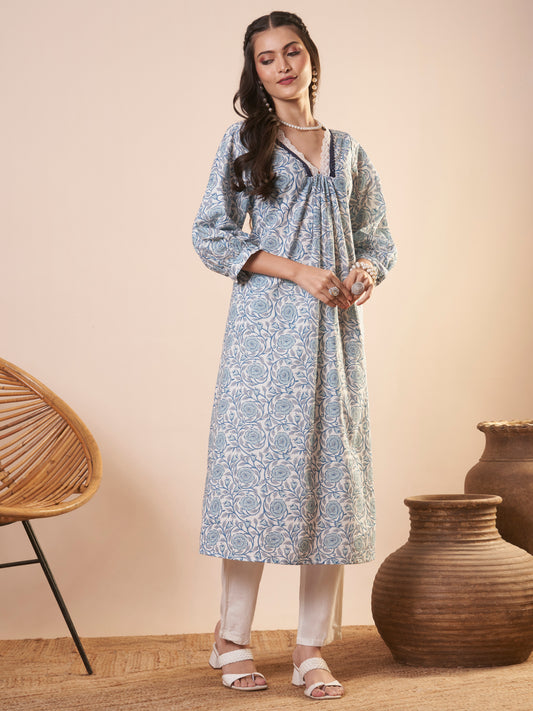 Ethnic Floral Printed A-Line Flared Kurta - Blue
