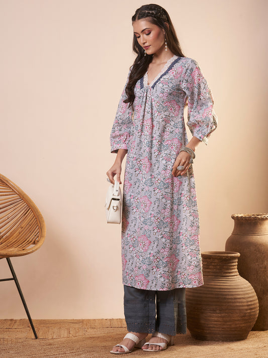 Floral Printed A-Line Pleated Flared Kurta - Grey