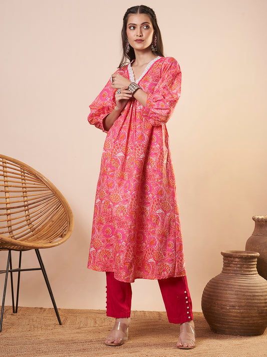 Ethnic Floral Printed A-Line Flared Kurta - Pink