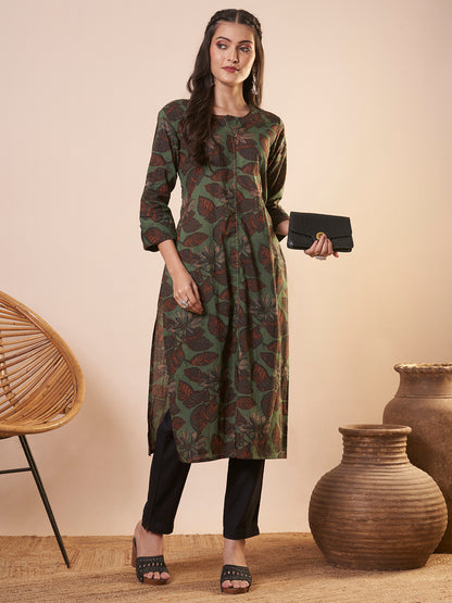 Abstract Floral Printed Straight Fit Kurta - Green