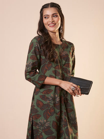 Abstract Floral Printed Straight Fit Kurta - Green