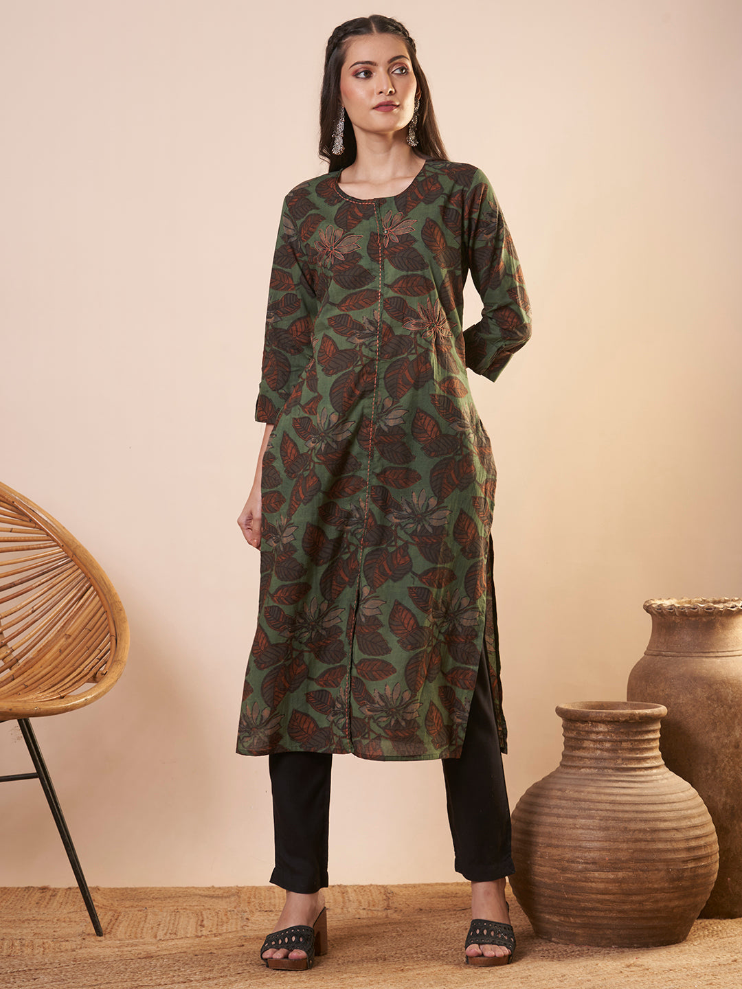 Abstract Floral Printed Straight Fit Kurta - Green