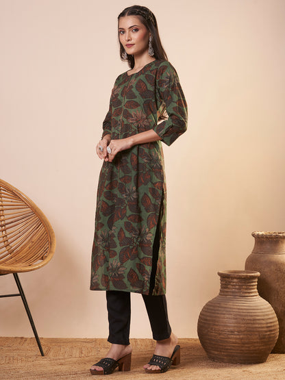 Abstract Floral Printed Straight Fit Kurta - Green