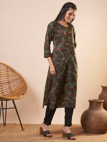 Abstract Floral Printed Straight Fit Kurta - Green