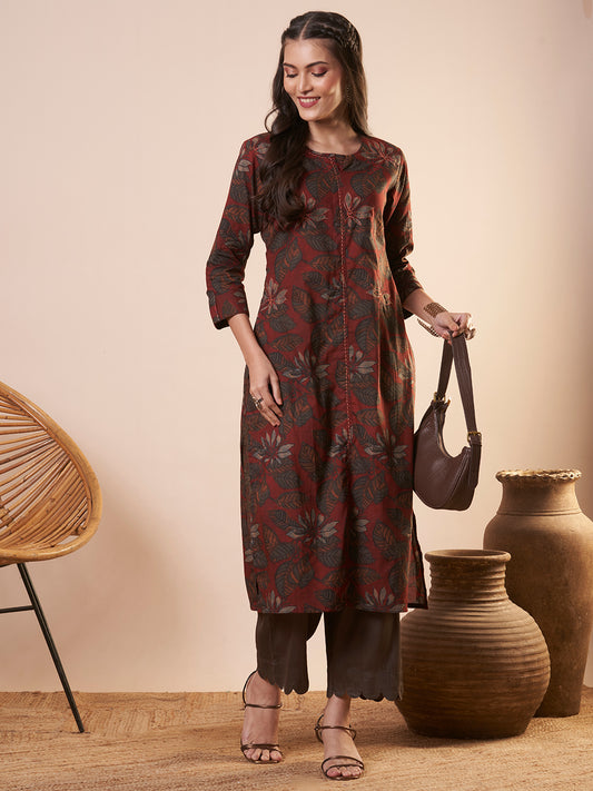 Abstract Floral Printed Straight Fit Kurta - Rust