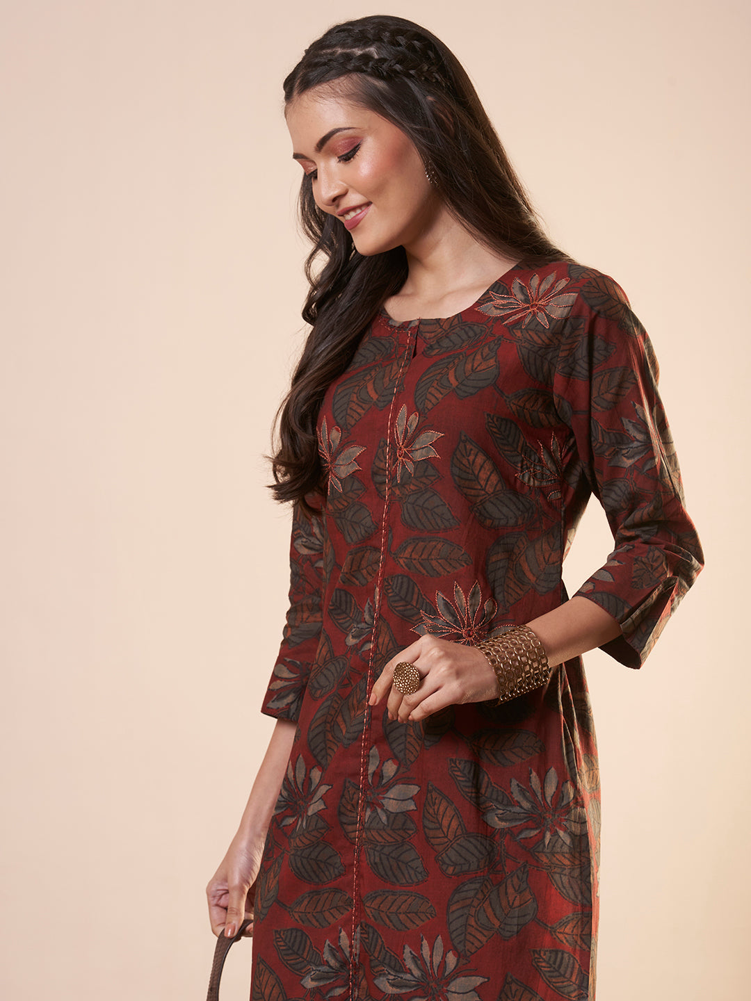 Abstract Floral Printed Straight Fit Kurta - Rust