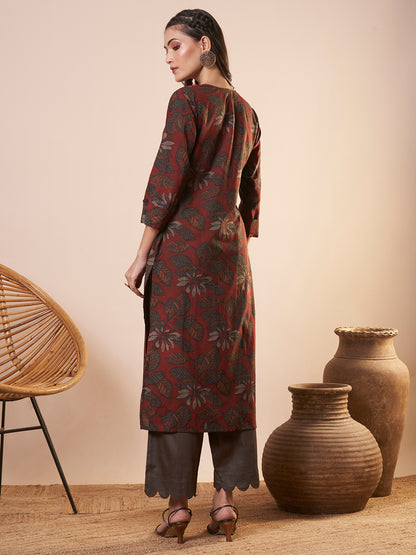 Abstract Floral Printed Straight Fit Kurta - Rust