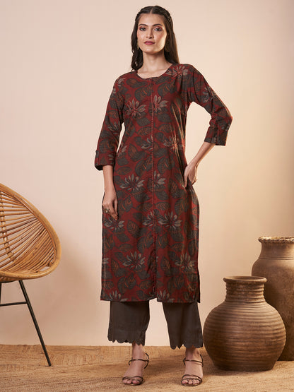 Abstract Floral Printed Straight Fit Kurta - Rust