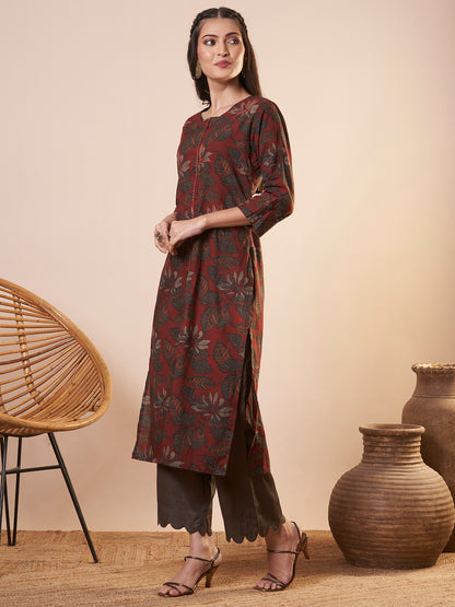 Abstract Floral Printed Straight Fit Kurta - Rust