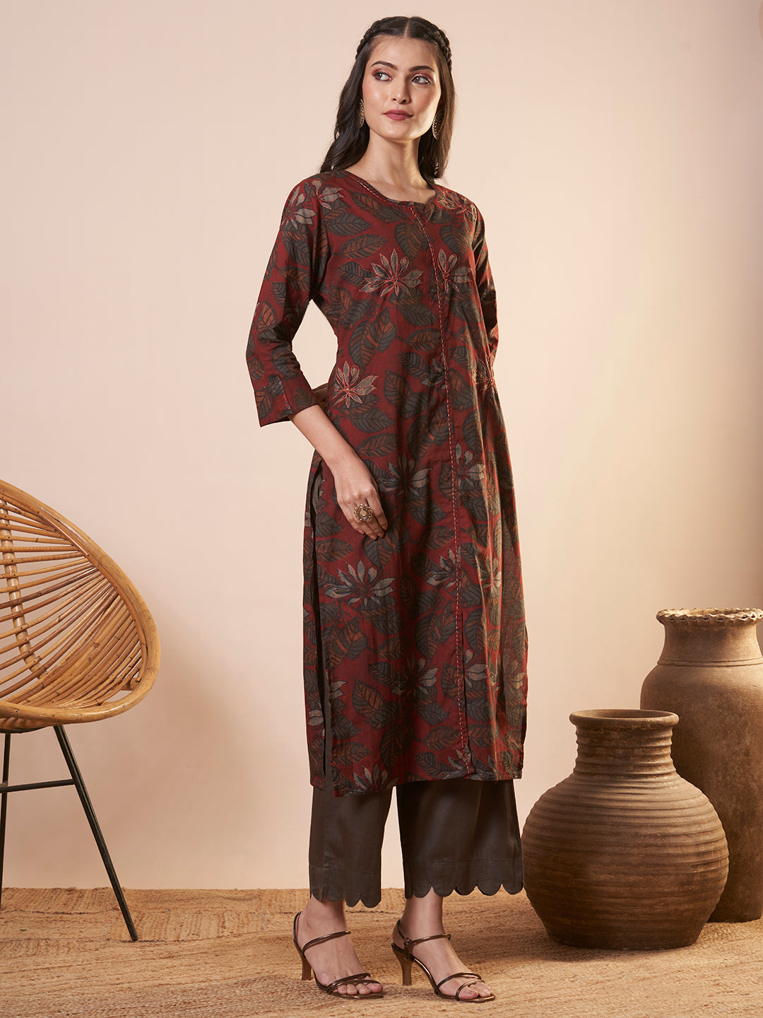 Abstract Floral Printed Straight Fit Kurta - Rust