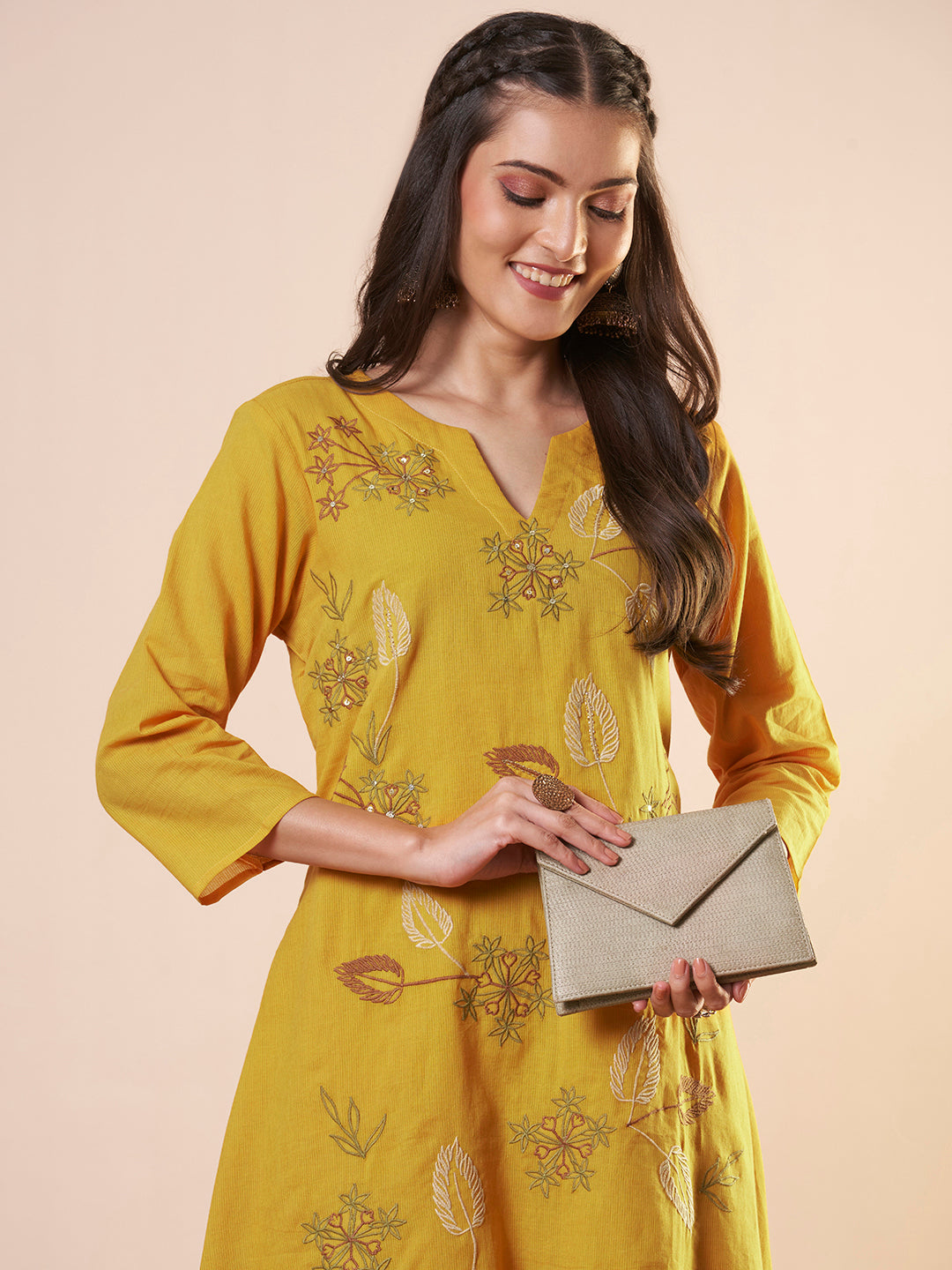 Solid Floral Threadwork Embroidered A-Line High Low Co-ord Set - Yellow