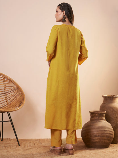 Solid Floral Threadwork Embroidered A-Line High Low Co-ord Set - Yellow