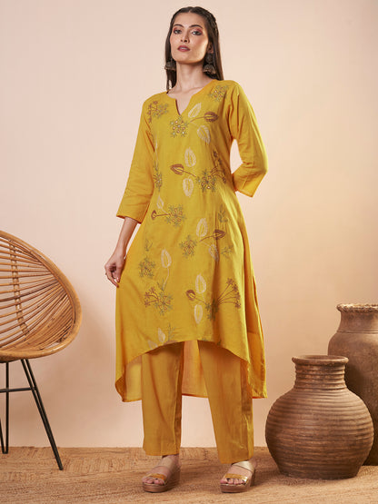 Solid Floral Threadwork Embroidered A-Line High Low Co-ord Set - Yellow