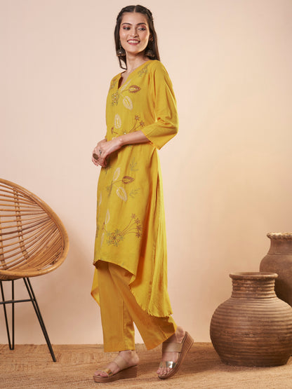Solid Floral Threadwork Embroidered A-Line High Low Co-ord Set - Yellow