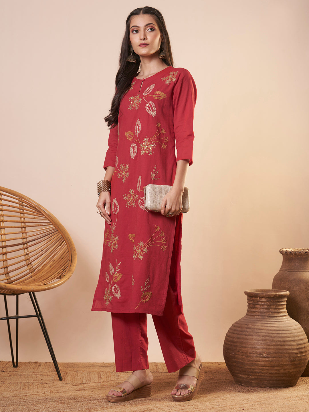 Solid Floral Threadwork Embroidered A-Line High Low Co-ord Set - Red